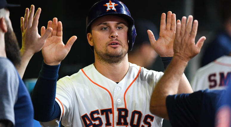 May 22, 2018; Houston, TX, USA; Houston Astros third baseman J.D. Davis (28) celebrates a run with teammates in the dugout during the seventh inning against the San Francisco Giants at Minute Maid Park. Mandatory Credit: Shanna Lockwood-USA TODAY Sports May 22, 2018; Houston, TX, USA; Houston Astros third baseman J.D. Davis (28) celebrates a run with teammates in the dugout during the seventh inning against the San Francisco Giants at Minute Maid Park. Mandatory Credit: Shanna Lockwood-USA TODAY Sports