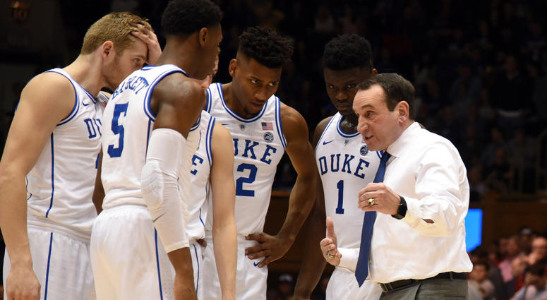 Feb 2, 2019; Durham, NC, USA; Duke Blue Devils head coach Mike Krzyzewski (right) directs his team during the second half against the St. John's Red Storm at Cameron Indoor Stadium. The Blue Devils won 91-61. Mandatory Credit: Rob Kinnan-USA TODAY Sports Feb 2, 2019; Durham, NC, USA; Duke Blue Devils head coach Mike Krzyzewski (right) directs his team during the second half against the St. John's Red Storm at Cameron Indoor Stadium. The Blue Devils won 91-61. Mandatory Credit: Rob Kinnan-USA TODAY Sports