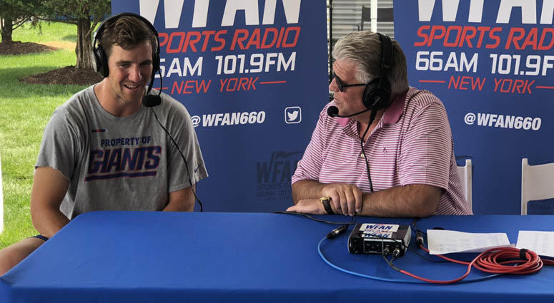 Mike Francesa interviews Eli Manning at Giants training camp on July 27, 2018. Mike Francesa interviews Eli Manning at Giants training camp on July 27, 2018.