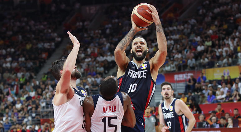 France's Evan Fournier shoots against USA's Joe Harris in the FIBA World Cup quarterfinals on Sept. 11, 2019, at Dongguan Basketball Center in Dongguan, China. France's Evan Fournier shoots against USA's Joe Harris in the FIBA World Cup quarterfinals on Sept. 11, 2019, at Dongguan Basketball Center in Dongguan, China.