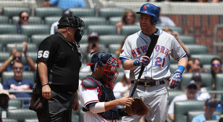 Todd Frazier argues a call by home plate umpire Eric Cooper after striking out in the ninth inning against the Braves on June 13, 2018, at SunTrust Park in Atlanta. Todd Frazier argues a call by home plate umpire Eric Cooper after striking out in the ninth inning against the Braves on June 13, 2018, at SunTrust Park in Atlanta.