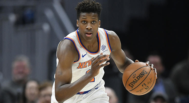 Apr 11, 2018; Cleveland, OH, USA; New York Knicks guard Frank Ntilikina (11) dribbles with the ball in the first quarter against the Cleveland Cavaliers at Quicken Loans Arena. Mandatory Credit: David Richard-USA TODAY Sports Apr 11, 2018; Cleveland, OH, USA; New York Knicks guard Frank Ntilikina (11) dribbles with the ball in the first quarter against the Cleveland Cavaliers at Quicken Loans Arena. Mandatory Credit: David Richard-USA TODAY Sports