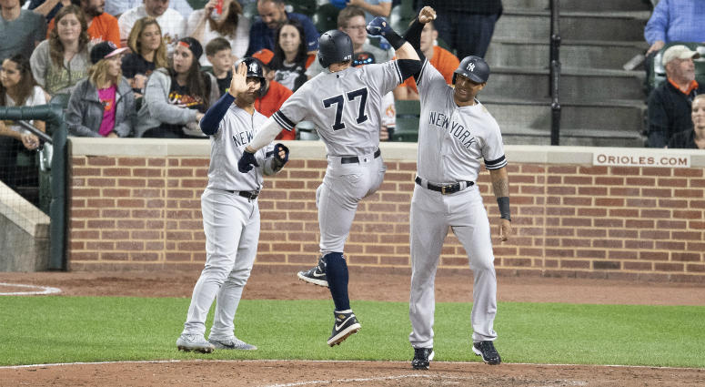 Clint Frazier celebrates with Gleyber Torres and Aaron Hicks Clint Frazier celebrates with Gleyber Torres and Aaron Hicks