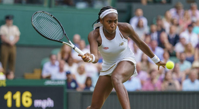 Cori Gauff hits the ball against Polona Hercog (not pictured) at Wimbledon on July 6, 2019. Cori Gauff hits the ball against Polona Hercog (not pictured) at Wimbledon on July 6, 2019.