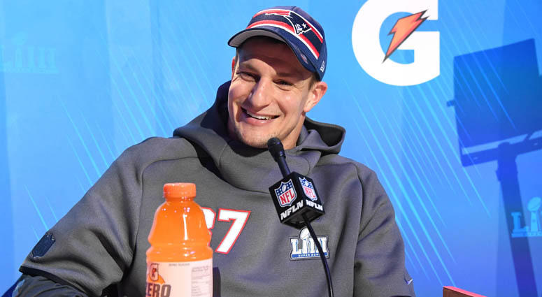 Patriots tight end Rob Gronkowski during Opening Night for Super Bowl LIII at State Farm Arena in Atlanta Patriots tight end Rob Gronkowski during Opening Night for Super Bowl LIII at State Farm Arena in Atlanta
