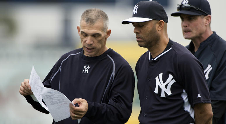 Feb 25, 2015; Tampa, FL, USA; New York Yankees manager Joe Girardi (28) speaks with Mariano Rivera during morning workouts at George M. Steinbrenner Field. Mandatory Credit: Tommy Gilligan-USA TODAY Sports Feb 25, 2015; Tampa, FL, USA; New York Yankees manager Joe Girardi (28) speaks with Mariano Rivera during morning workouts at George M. Steinbrenner Field. Mandatory Credit: Tommy Gilligan-USA TODAY Sports