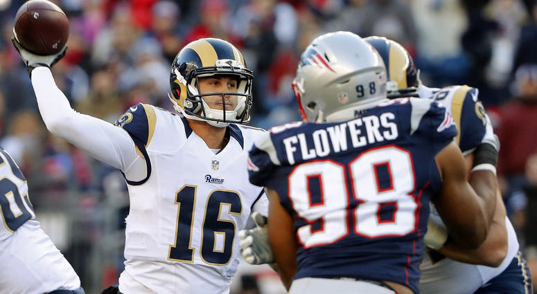 Dec 4, 2016; Foxborough, MA, USA; Los Angeles Rams quarterback Jared Goff (16) throws the ball during the second half at Gillette Stadium. The Patriots 26-10 won. Mandatory Credit: Winslow Townson-USA TODAY Sports Dec 4, 2016; Foxborough, MA, USA; Los Angeles Rams quarterback Jared Goff (16) throws the ball during the second half at Gillette Stadium. The Patriots 26-10 won. Mandatory Credit: Winslow Townson-USA TODAY Sports