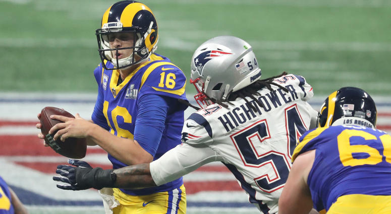 Feb 3, 2019; Atlanta, GA, USA; Jared Goff (16) is sacked by New England Patriots outside linebacker Dont'a Hightower (54) during the third quarter of Super Bowl LIII at Mercedes-Benz Stadium. Mandatory Credit: Jason Getz-USA TODAY Sports Feb 3, 2019; Atlanta, GA, USA; Jared Goff (16) is sacked by New England Patriots outside linebacker Dont'a Hightower (54) during the third quarter of Super Bowl LIII at Mercedes-Benz Stadium. Mandatory Credit: Jason Getz-USA TODAY Sports