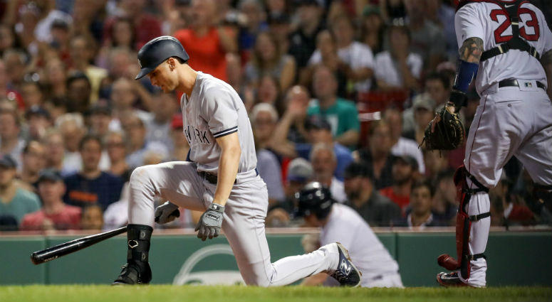 Aug 2, 2018; Boston, MA, USA; New York Yankees first baseman Greg Bird (33) strikes out to end the fifth inning against the Boston Red Sox at Fenway Park. Mandatory Credit: Paul Rutherford-USA TODAY Sports