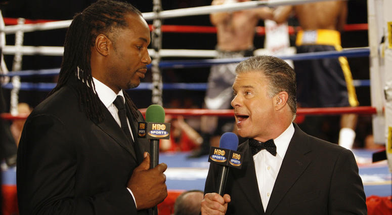 HBO commentators Lennox Lewis and Jim Lampley discuss a fight on May 19, 2007 at the FedEx Forum in Memphis, Tennessee. HBO commentators Lennox Lewis and Jim Lampley discuss a fight on May 19, 2007 at the FedEx Forum in Memphis, Tennessee.