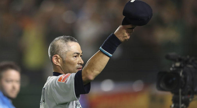 Seattle Mariners right fielder Ichiro Suzuki tips his cap after being removed from the game during the eighth inning against the Oakland Athletics on March 21, 2019, at the Tokyo Dome. Seattle Mariners right fielder Ichiro Suzuki tips his cap after being removed from the game during the eighth inning against the Oakland Athletics on March 21, 2019, at the Tokyo Dome.