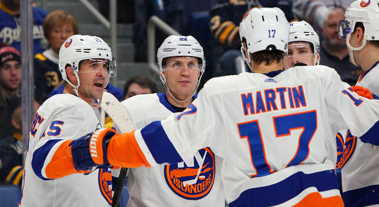 New York Islanders center Casey Cizikas (53) celebrates his goal scored against the Buffalo Sabres during the first period at KeyBank Center. New York Islanders center Casey Cizikas (53) celebrates his goal scored against the Buffalo Sabres during the first period at KeyBank Center.