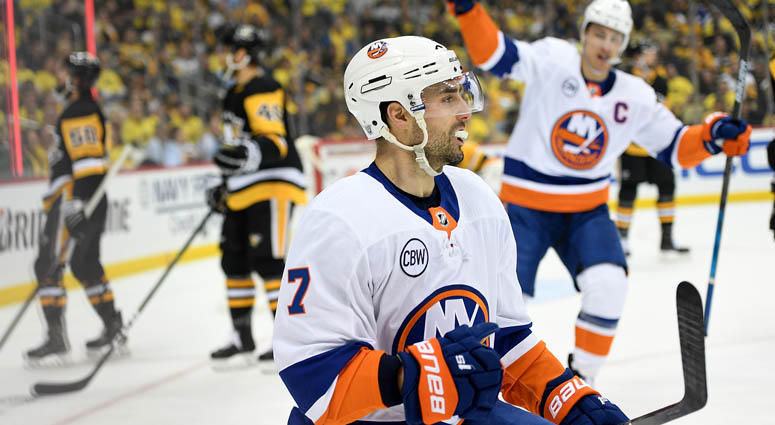 The Islanders' Jordan Eberle celebrates after scoring a goal during Game 3 of the first-round playoff series against the Penguins on April 14, 2019, at PPG Paints Arena in Pittsburgh. The Islanders' Jordan Eberle celebrates after scoring a goal during Game 3 of the first-round playoff series against the Penguins on April 14, 2019, at PPG Paints Arena in Pittsburgh.