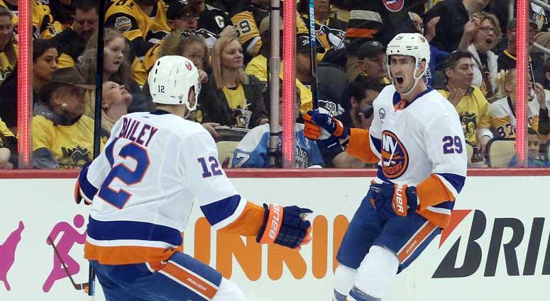 Islanders center Brock Nelson (29) reacts with right wing Josh Bailey after scoring a goal against the Penguins during Game 3 of their first-round playoff series on April 14, 2019, at PPG PAINTS Arena in Pittsburgh. Islanders center Brock Nelson (29) reacts with right wing Josh Bailey after scoring a goal against the Penguins during Game 3 of their first-round playoff series on April 14, 2019, at PPG PAINTS Arena in Pittsburgh.