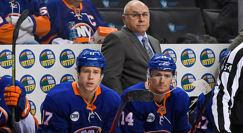 Nov 26, 2018; Brooklyn, NY, USA; New York Islanders Head Coach Barry Trotz (center) looks on from behind the bench against the Washington Capitals during the third period at Barclays Center. Mandatory Credit: Dennis Schneidler-USA TODAY Sports Nov 26, 2018; Brooklyn, NY, USA; New York Islanders Head Coach Barry Trotz (center) looks on from behind the bench against the Washington Capitals during the third period at Barclays Center. Mandatory Credit: Dennis Schneidler-USA TODAY Sports