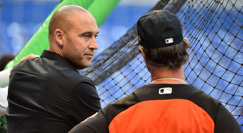 Marlins CEO Derek Jeter chats with manager Don Mattingly before a game on April 13, 2018, in Miami. Marlins CEO Derek Jeter chats with manager Don Mattingly before a game on April 13, 2018, in Miami.