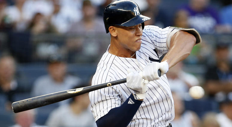 Yankees designated hitter Aaron Judge (99) reacts to being hit by a pitch against the Kansas City Royals on July 26, 2018, at Yankee Stadium. Yankees designated hitter Aaron Judge (99) reacts to being hit by a pitch against the Kansas City Royals on July 26, 2018, at Yankee Stadium.