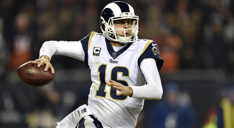 Dec 9, 2018; Chicago, IL, USA; Los Angeles Rams quarterback Jared Goff (16) looks to pass against the Chicago Bears at Soldier Field. Mandatory Credit: Quinn Harris-USA TODAY Sports Dec 9, 2018; Chicago, IL, USA; Los Angeles Rams quarterback Jared Goff (16) looks to pass against the Chicago Bears at Soldier Field. Mandatory Credit: Quinn Harris-USA TODAY Sports