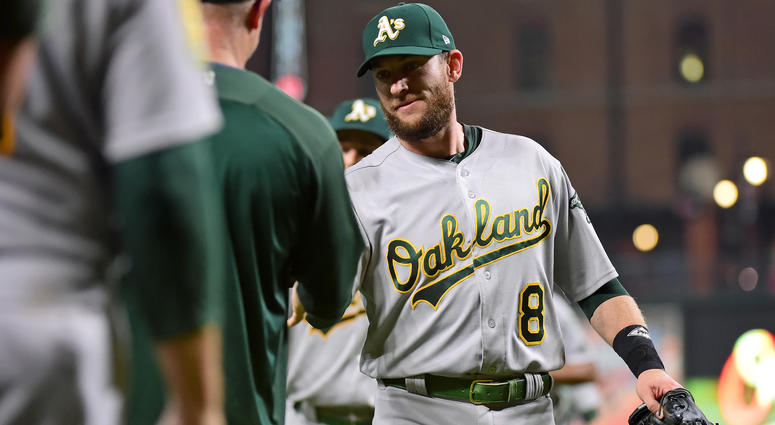 Sep 11, 2018; Baltimore, MD, USA; Oakland Athletics second baseman Jed Lowrie (8) high fives teammates after beating the Baltimore Orioles 3-2 at Oriole Park at Camden Yards. Mandatory Credit: Evan Habeeb-USA TODAY Sports Sep 11, 2018; Baltimore, MD, USA; Oakland Athletics second baseman Jed Lowrie (8) high fives teammates after beating the Baltimore Orioles 3-2 at Oriole Park at Camden Yards. Mandatory Credit: Evan Habeeb-USA TODAY Sports