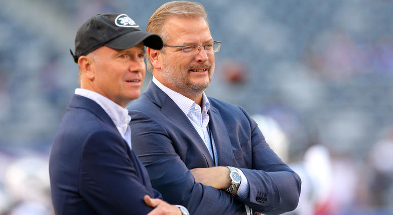 Aug 26, 2017; East Rutherford, NJ, USA; New York Jets acting ceo Christopher Wold Johnson (left) talks to general manager Mike Maccagnan before a preseason game against the New York Giants at MetLife Stadium. Mandatory Credit: Brad Penner-USA TODAY Sports Aug 26, 2017; East Rutherford, NJ, USA; New York Jets acting ceo Christopher Wold Johnson (left) talks to general manager Mike Maccagnan before a preseason game against the New York Giants at MetLife Stadium. Mandatory Credit: Brad Penner-USA TODAY Sports