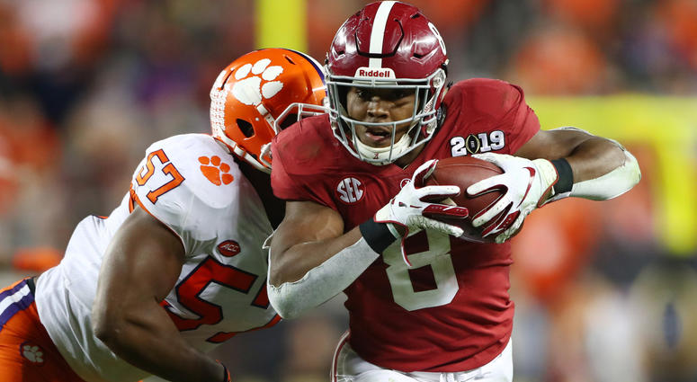 Josh Jacobs during the 2019 College Football Playoff Championship game at Levi's Stadium. Mandatory Credit: Mark Rebilas-USA TODAY Sports. Josh Jacobs during the 2019 College Football Playoff Championship game at Levi's Stadium. Mandatory Credit: Mark Rebilas-USA TODAY Sports.