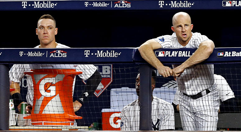 Oct 9, 2018; New York Yankees left fielder Brett Gardner and right fielder Aaron Judge in the dugout during the sixth inning in game four of the 2018 ALDS playoff baseball series at Yankee Stadium. Noah K. Murray-USA TODAY Sports Oct 9, 2018; New York Yankees left fielder Brett Gardner and right fielder Aaron Judge in the dugout during the sixth inning in game four of the 2018 ALDS playoff baseball series at Yankee Stadium. Noah K. Murray-USA TODAY Sports