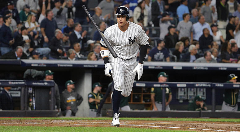 Oct 3, 2018; New York Yankees Aaron Judge tosses his bat after hitting an 2-RBI home run during the first inning against the Oakland Athletics in the 2018 American League wild card playoff baseball game at Yankee Stadium. Brad Penner-USA TODAY Sports Oct 3, 2018; New York Yankees Aaron Judge tosses his bat after hitting an 2-RBI home run during the first inning against the Oakland Athletics in the 2018 American League wild card playoff baseball game at Yankee Stadium. Brad Penner-USA TODAY Sports