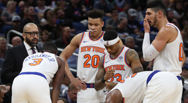Nov 18, 2018; Orlando, FL, USA; New York Knicks head coach David Fizdale huddles up against the Orlando Magic during the second half at Amway Center. Mandatory Credit: Kim Klement-USA TODAY Sports Nov 18, 2018; Orlando, FL, USA; New York Knicks head coach David Fizdale huddles up against the Orlando Magic during the second half at Amway Center. Mandatory Credit: Kim Klement-USA TODAY Sports