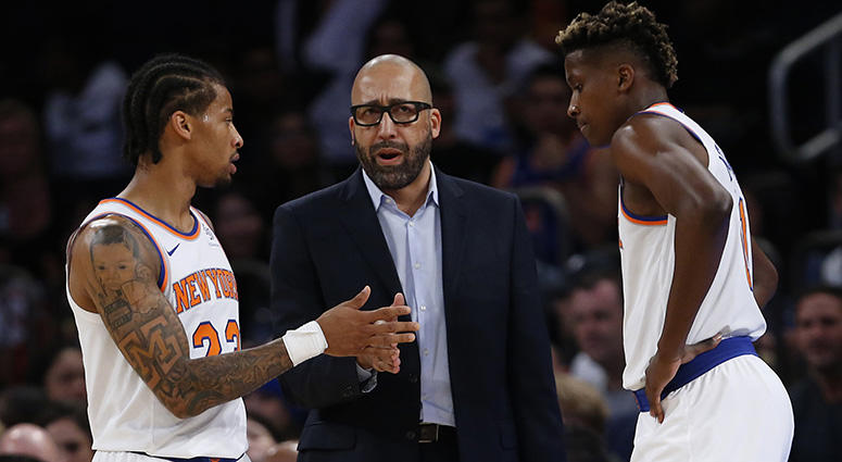 New York Knicks head coach David Fizdale talks to guard Trey Burke (23) and guard Frank Ntilikina (11) during the second half timeout against the New Orleans Pelicans at Madison Square Garden. Mandatory Credit: Noah K. Murray-USA TODAY Sports New York Knicks head coach David Fizdale talks to guard Trey Burke (23) and guard Frank Ntilikina (11) during the second half timeout against the New Orleans Pelicans at Madison Square Garden. Mandatory Credit: Noah K. Murray-USA TODAY Sports