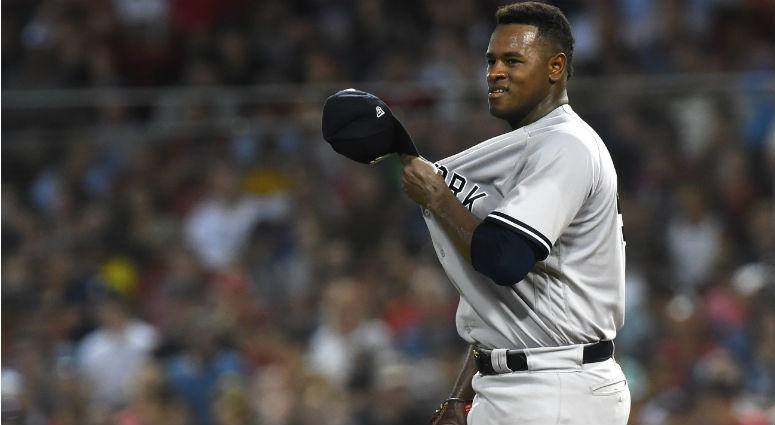 Luis Severino reacts during the sixth inning against the Boston Red Sox at Fenway Park. Luis Severino reacts during the sixth inning against the Boston Red Sox at Fenway Park.