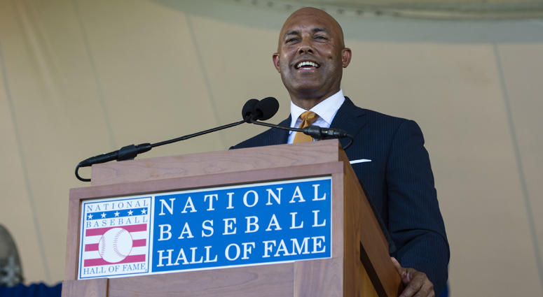 Hall of Fame inductee Mariano Rivera makes his acceptance speech during the 2019 National Baseball Hall of Fame induction ceremony at the Clark Sports Center in Cooperstown, New York. Hall of Fame inductee Mariano Rivera makes his acceptance speech during the 2019 National Baseball Hall of Fame induction ceremony at the Clark Sports Center in Cooperstown, New York.