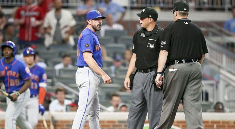 Mets manager Mickey Callaway argues with umpires on June 12, 2018, at SunTrust Park in Atlanta. Mets manager Mickey Callaway argues with umpires on June 12, 2018, at SunTrust Park in Atlanta.