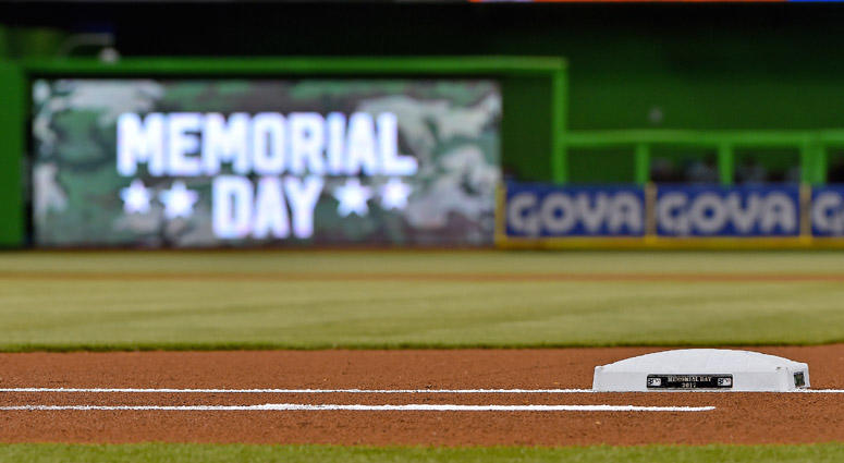 May 29, 2017; Miami, FL, USA; A general view of first base with the special Memorial Day logo on the field prior to the game between the Miami Marlins and the Philadelphia Phillies at Marlins Park. Mandatory Credit: Jasen Vinlove-USA TODAY Sports
