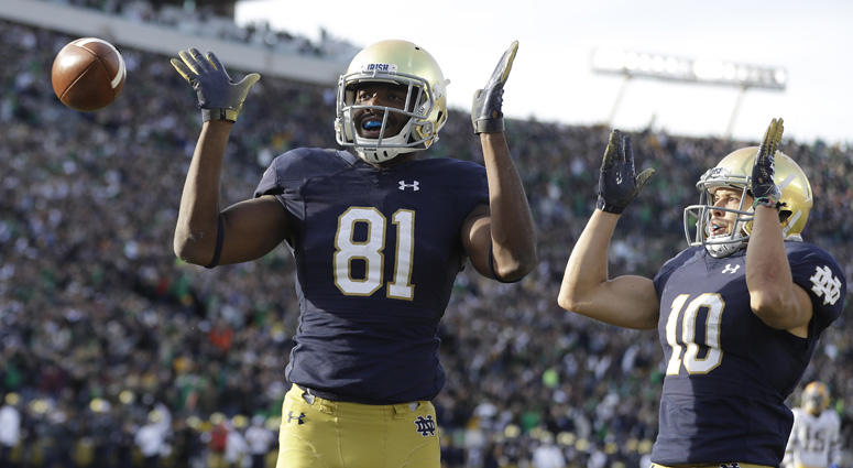 Notre Dame's Miles Boykin (81) celebrates after making the game-winning catch with Chris Finke (10) during the second half of an NCAA college football game against Pittsburgh, Saturday, Oct. 13, 2018, in South Bend, Ind. Notre Dame won 19-14. Notre Dame's Miles Boykin (81) celebrates after making the game-winning catch with Chris Finke (10) during the second half of an NCAA college football game against Pittsburgh, Saturday, Oct. 13, 2018, in South Bend, Ind. Notre Dame won 19-14.