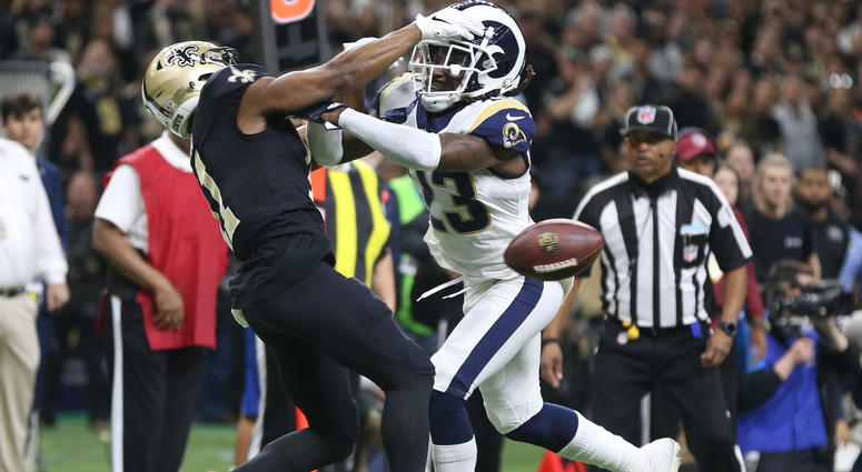 Jan 20, 2019; New Orleans, LA, USA; Los Angeles Rams defensive back Nickell Robey-Coleman breaks up a pass intended or New Orleans Saints wide receiver Tommylee Lewis during the fourth quarter of the NFC Championship game. Mandatory Credit: Chuck Cook-USA Jan 20, 2019; New Orleans, LA, USA; Los Angeles Rams defensive back Nickell Robey-Coleman breaks up a pass intended or New Orleans Saints wide receiver Tommylee Lewis during the fourth quarter of the NFC Championship game. Mandatory Credit: Chuck Cook-USA