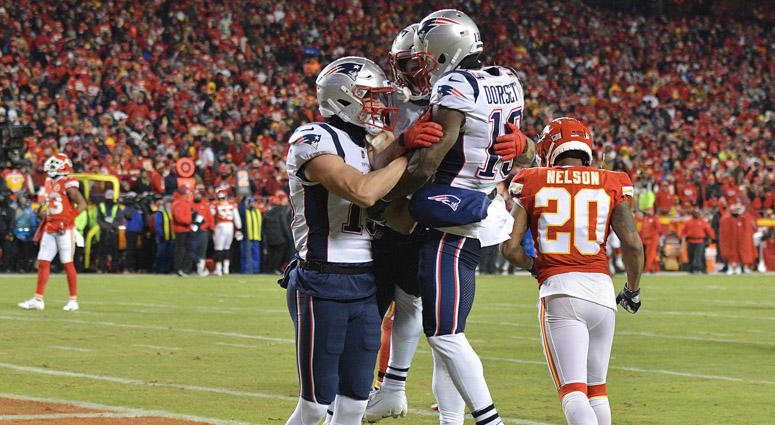 Patriots wide receiver Phillip Dorsett (13) celebrates with teammates after scoring a touchdown during the second quarter of the AFC Championship game against the Kansas City Chiefs on Jan. 20, 2019, at Arrowhead Stadium. Patriots wide receiver Phillip Dorsett (13) celebrates with teammates after scoring a touchdown during the second quarter of the AFC Championship game against the Kansas City Chiefs on Jan. 20, 2019, at Arrowhead Stadium.