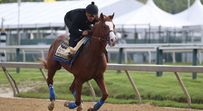 Improbable participates in a morning workout at Pimlico Race Course on May 16, 2019, in Baltimore. Improbable participates in a morning workout at Pimlico Race Course on May 16, 2019, in Baltimore.