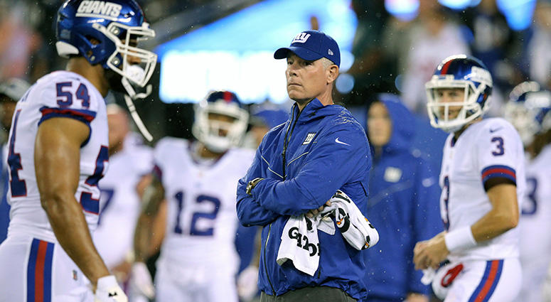 Oct 11, 2018; East Rutherford, NJ, USA; New York Giants head coach Pat Shurmur (middle) looks on during warmups before a game against the Philadelphia Eagles at MetLife Stadium. Mandatory Credit: Brad Penner-USA TODAY Sports Oct 11, 2018; East Rutherford, NJ, USA; New York Giants head coach Pat Shurmur (middle) looks on during warmups before a game against the Philadelphia Eagles at MetLife Stadium. Mandatory Credit: Brad Penner-USA TODAY Sports