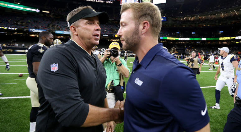 Aug 30, 2018; New Orleans, LA, USA; New Orleans Saints head coach Sean Payton talks to Los Angeles Rams head coach Sean McVay after their game at Mercedes-Benz Superdome. The Saints won, 28-0. Mandatory Credit: Chuck Cook-USA TODAY Sports Aug 30, 2018; New Orleans, LA, USA; New Orleans Saints head coach Sean Payton talks to Los Angeles Rams head coach Sean McVay after their game at Mercedes-Benz Superdome. The Saints won, 28-0. Mandatory Credit: Chuck Cook-USA TODAY Sports