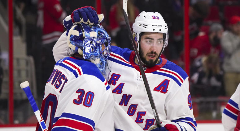 Rangers goalie Henrik Lundqvist (30) celebrates with forward Mika Zibanejad after their win against the Carolina Hurricanes on March 31, 2018, at PNC Arena in Raleigh, North Carolina. Rangers goalie Henrik Lundqvist (30) celebrates with forward Mika Zibanejad after their win against the Carolina Hurricanes on March 31, 2018, at PNC Arena in Raleigh, North Carolina.