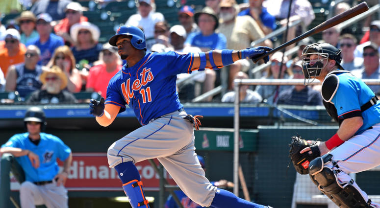 Mar 12, 2019; Jupiter, FL, USA; New York Mets second basemen Rajai Davis (11) hits a double against the Miami Marlins during a spring training game at Roger Dean Chevrolet Stadium. Mandatory Credit: Steve Mitchell-USA TODAY Sports Mar 12, 2019; Jupiter, FL, USA; New York Mets second basemen Rajai Davis (11) hits a double against the Miami Marlins during a spring training game at Roger Dean Chevrolet Stadium. Mandatory Credit: Steve Mitchell-USA TODAY Sports