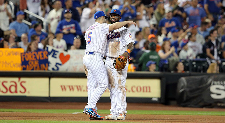 Sep 29, 2018; New York Mets third baseman David Wright (5) hugs New York Mets shortstop Jose Reyes (7) after being shown on the \"kiss cam\" during the fifth inning against the Miami Marlins at Citi Field. Brad Penner-USA TODAY Sports Sep 29, 2018; New York Mets third baseman David Wright (5) hugs New York Mets shortstop Jose Reyes (7) after being shown on the \"kiss cam\" during the fifth inning against the Miami Marlins at Citi Field. Brad Penner-USA TODAY Sports