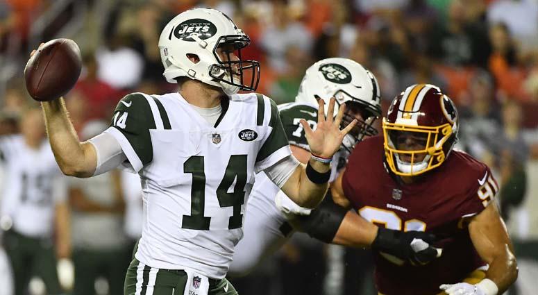 Jets quarterback Sam Darnold attempts a pass against the Washington Redskins on Aug. 16, 2018, at FedEx Field in Landover, Maryland. Jets quarterback Sam Darnold attempts a pass against the Washington Redskins on Aug. 16, 2018, at FedEx Field in Landover, Maryland.
