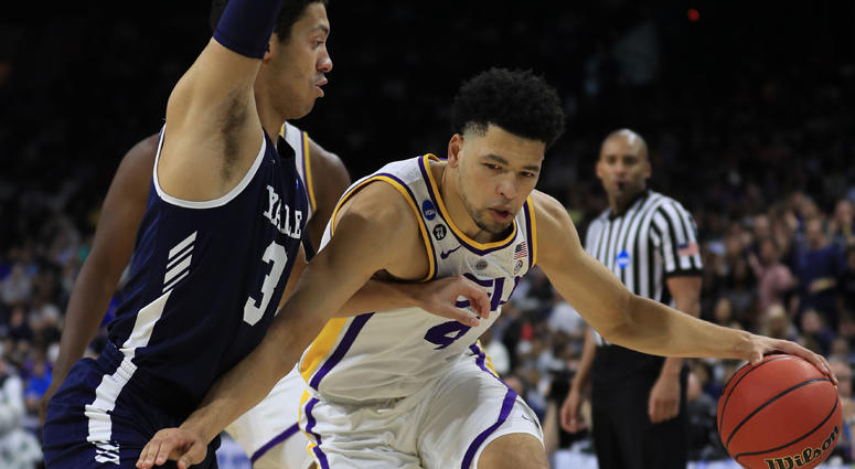 Skylar Mays of LSU dribbles against Alex Copeland of Yale in the first round of the 2019 NCAA men's basketball tournament on March 21, 2019, in Jacksonville, Florida. Skylar Mays of LSU dribbles against Alex Copeland of Yale in the first round of the 2019 NCAA men's basketball tournament on March 21, 2019, in Jacksonville, Florida.