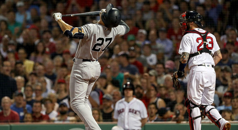 Yankees left fielder Giancarlo Stanton reacts after striking out against the Red Sox on Aug. 2, 2018, at Fenway Park in Boston. Yankees left fielder Giancarlo Stanton reacts after striking out against the Red Sox on Aug. 2, 2018, at Fenway Park in Boston.