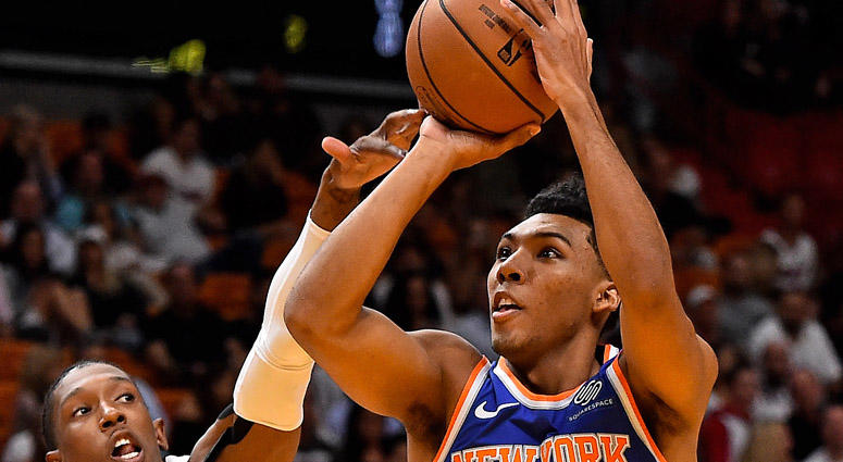 Knicks guard Allonzo Trier shoots over Miami Heat guard Josh Richardson on Oct. 24, 2018, at American Airlines Arena in Miami. Knicks guard Allonzo Trier shoots over Miami Heat guard Josh Richardson on Oct. 24, 2018, at American Airlines Arena in Miami.