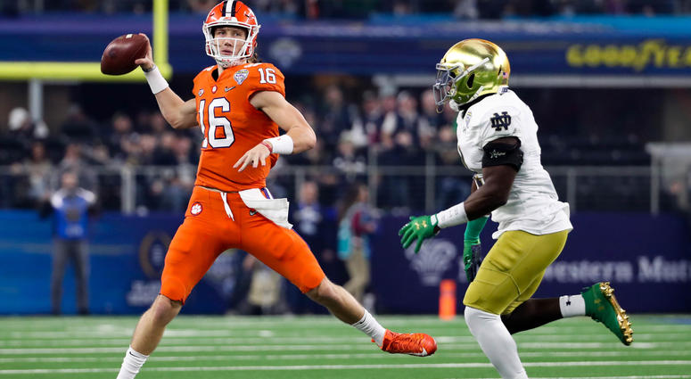 Trevor Lawrence (16) looks to pass as Notre Dame Fighting Irish linebacker Te'von Coney (4) closes in during the first quarter in the 2018 Cotton Bowl college football playoff semifinal game at AT&T Stadium. Mandatory Credit: Kevin Jairaj-USA TODAY Sports Trevor Lawrence (16) looks to pass as Notre Dame Fighting Irish linebacker Te'von Coney (4) closes in during the first quarter in the 2018 Cotton Bowl college football playoff semifinal game at AT&T Stadium. Mandatory Credit: Kevin Jairaj-USA TODAY Sports