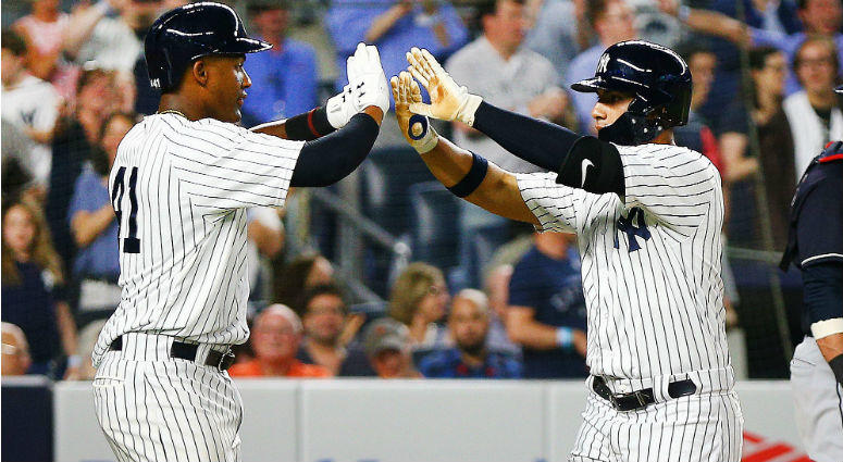 Gleyber Torres is congratulated by Miguel Andujar after hitting a three run home run. His first MLB home run against the Cleveland Indians during the fourth inning at Yankee Stadium. Gleyber Torres is congratulated by Miguel Andujar after hitting a three run home run. His first MLB home run against the Cleveland Indians during the fourth inning at Yankee Stadium.