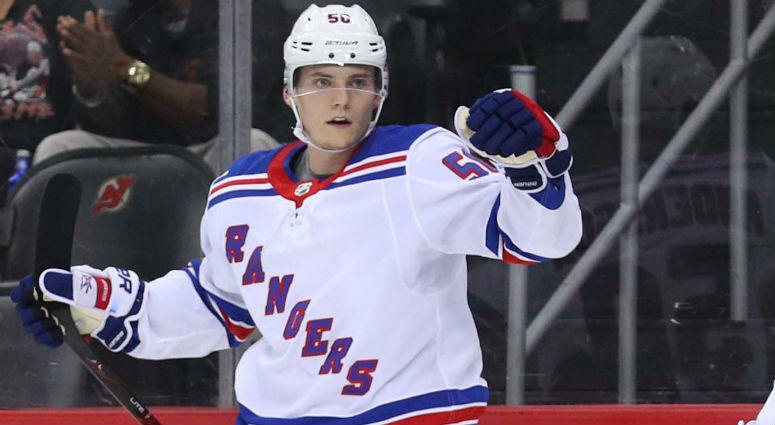 Lias Andersson celebrates his goal during the first period of their game against the New Jersey Devils at Prudential Center. Lias Andersson celebrates his goal during the first period of their game against the New Jersey Devils at Prudential Center.