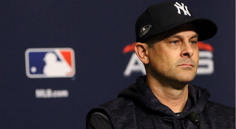 Aaron Boone addresses the media prior to game three of the 2018 ALDS playoff baseball series against the Boston Red Sox at Yankee Stadium Aaron Boone addresses the media prior to game three of the 2018 ALDS playoff baseball series against the Boston Red Sox at Yankee Stadium